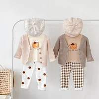 autumn new bear print long sleeve t shirt for baby boy infant girl plaid leggings kids knit cardigan coat 3pcs baby clothes set