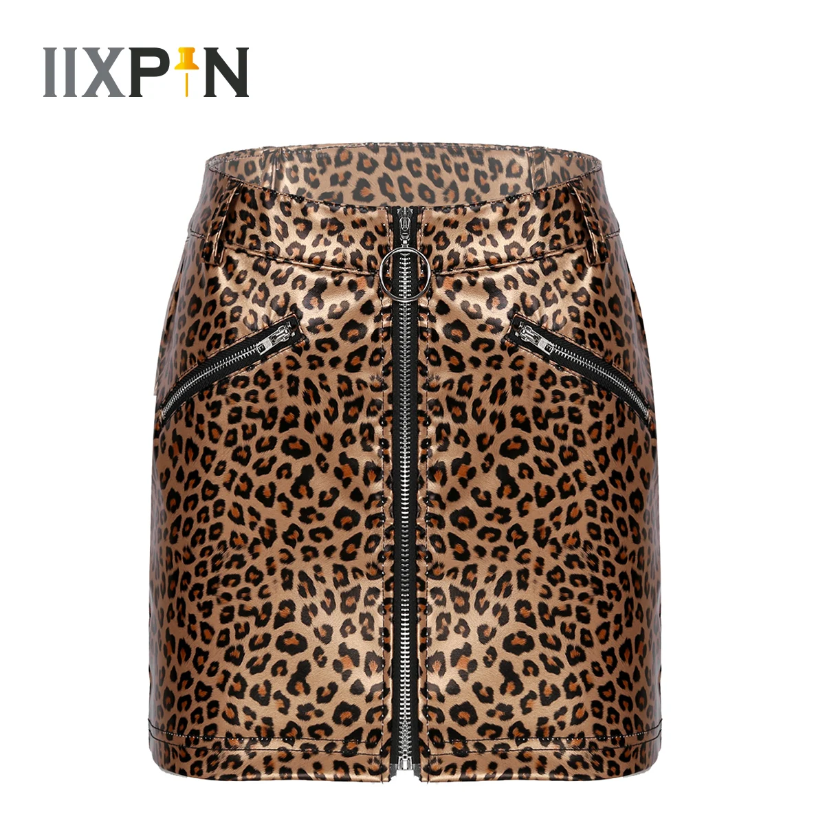 Faux Leather Leopard Sexy Mini Skirts for Women's Wetlook Fake Zipper Pockets Bodycon Miniskirt Fashion Cocktail Party Clubwear