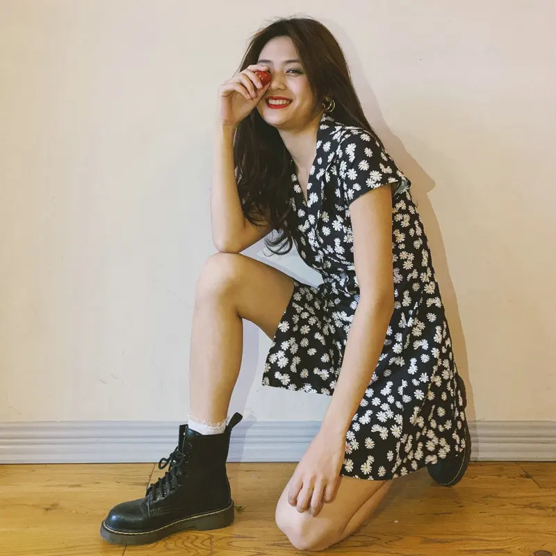 

Women's Small Collection 2020 Summer Daisy Slim High Waist Thin Retro Girl A-line Floral Elegant Plus Size Mini Dress Clothes