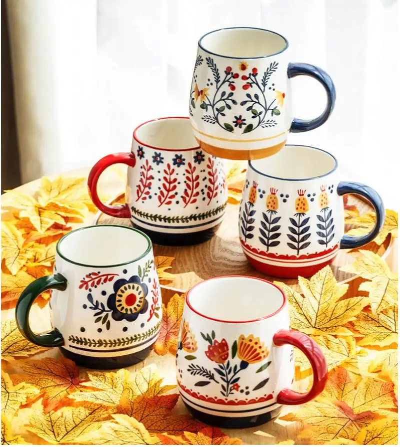 

French Hand-Painted 500ml Ceramic Mugs Creative Modern Personality Home Breakfast Milk Coffee Afternoon Tea Cereal Ceramic Mugs