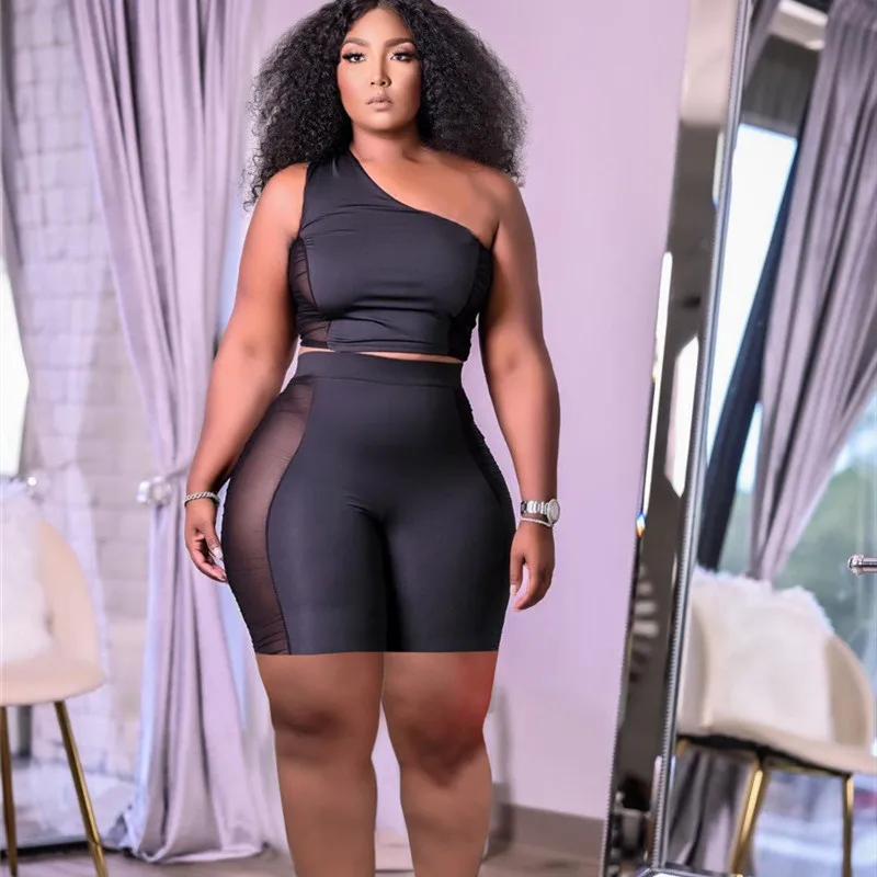 

Women Set Mesh Patchwork Sleeveless Skew Collar Crop Tops Stretchy Shorts Two 2 Piece Set Casual Outfit Summer Tracksuit