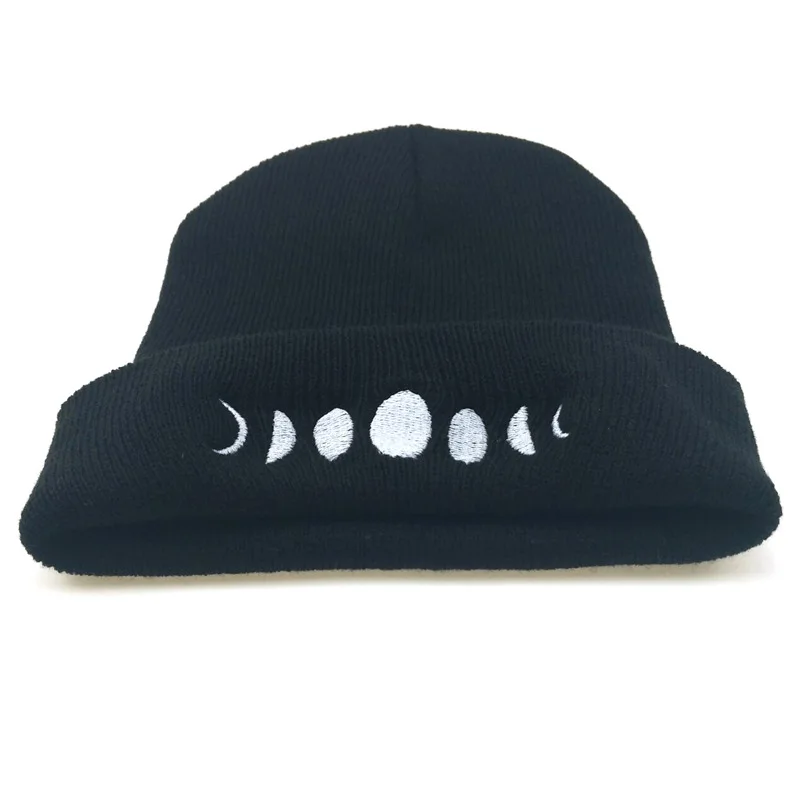 

European Style Keep Warm Fashion Headgear Knitted Hat Black Unisex Autumn Winter Cap Wool Moon Embroidery Men Women Cap