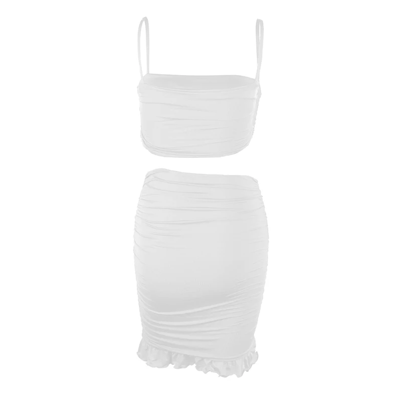 

Fashion Sexy Women's Two-piece Suit Sling Wrap Chest Halter Top Ruffled Hip Trousers Luji Small Vest +Slim Bag Hip Pleated Skirt