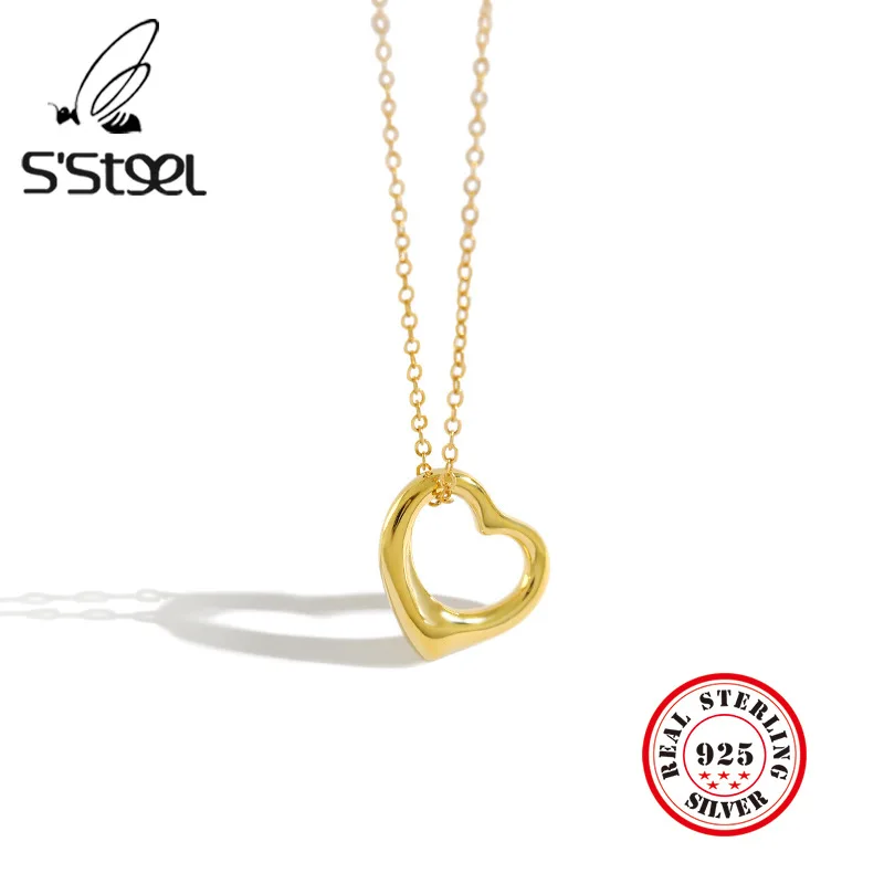 

S'STEEL 925 Sterling Silver Hollow Heart Pendants Necklaces Gold Chain Colier Femme 2019 Gifts For Women Luxury Designer Jewelry