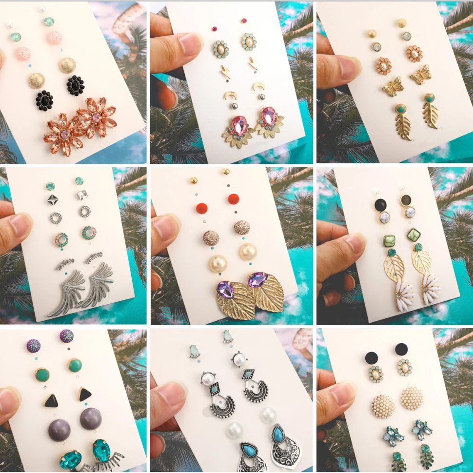 Fashion personality street beat inlaid flowers leaves Pearl drops ear nail earrings set | Украшения и аксессуары