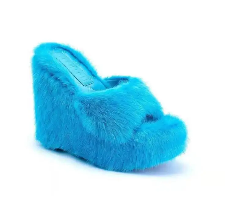 2022 Autumn New Women Round Head Wedges with Mink Fur Slippers Feminine High-heeled Fur Drag Outdoor All-match Shoes Slippers