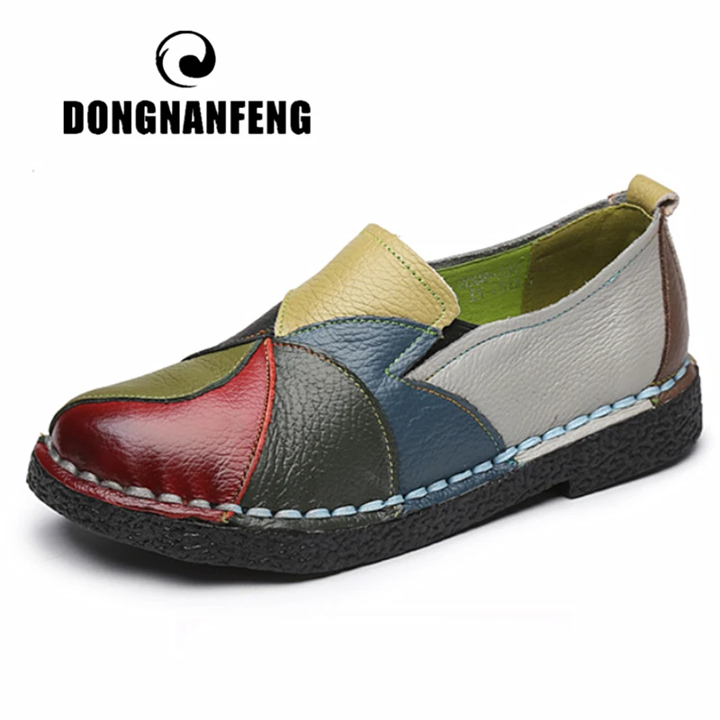 

DONGNANFENG Women's Ladies Female Woman Mother Shoes Flats Genuine Leather Loafers Mixed Colorful Non Slip On Plus Size 35-42