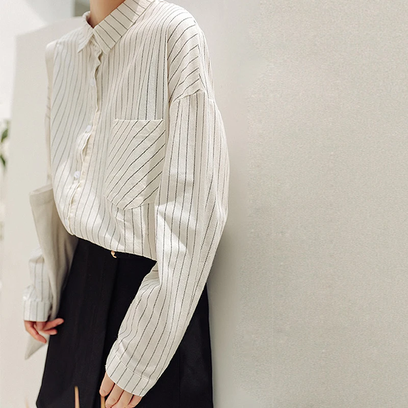 

BETHQUENOY Women Cotton Shirts Autumn Ladies Top 2021 Chemise Femme Yellow Striped Blouses Chic Woman Clothing Camisas De Mujer