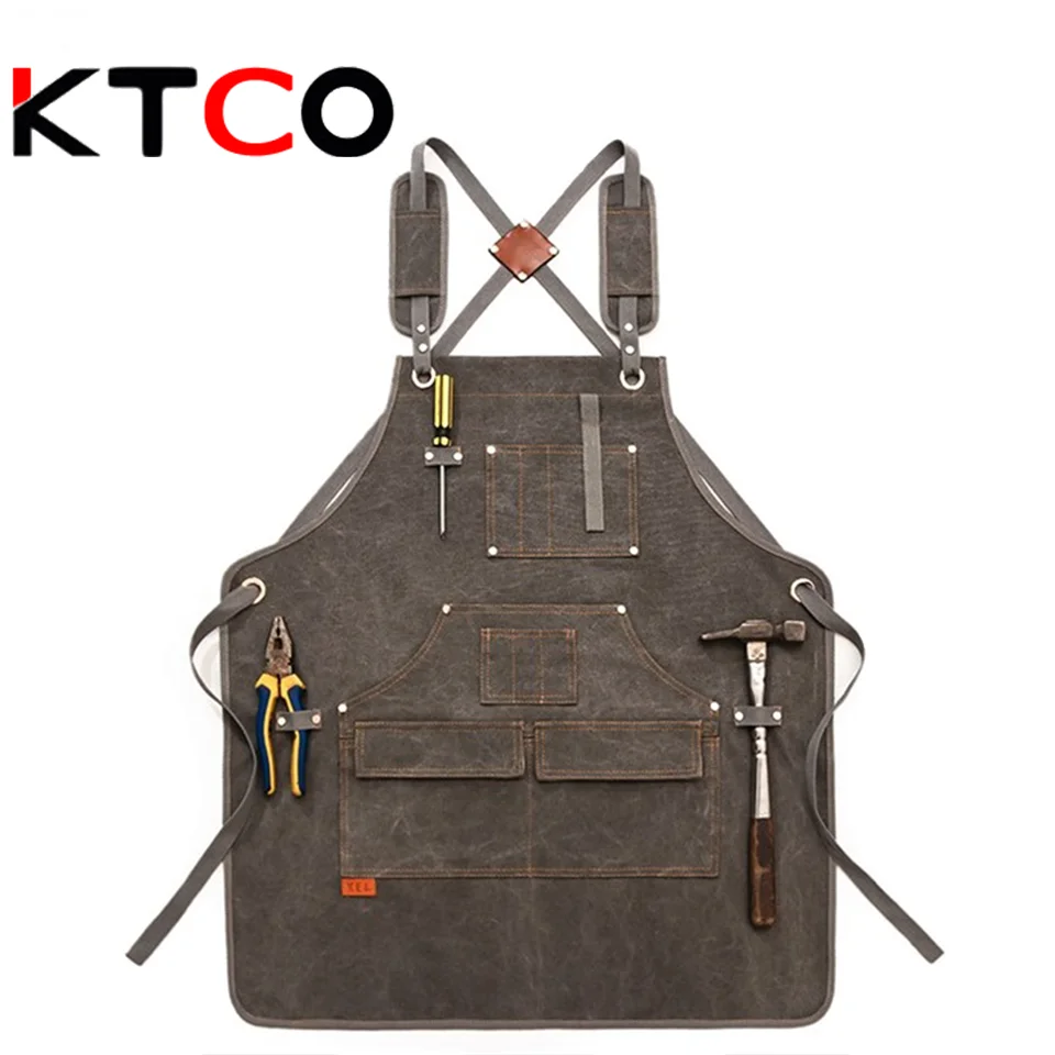 

Прочные товары KTCO, сверхпрочный вощеный унисекс брезентовый Рабочий Фартук с карманами для инструментов, регулируемые перекрестные ремни