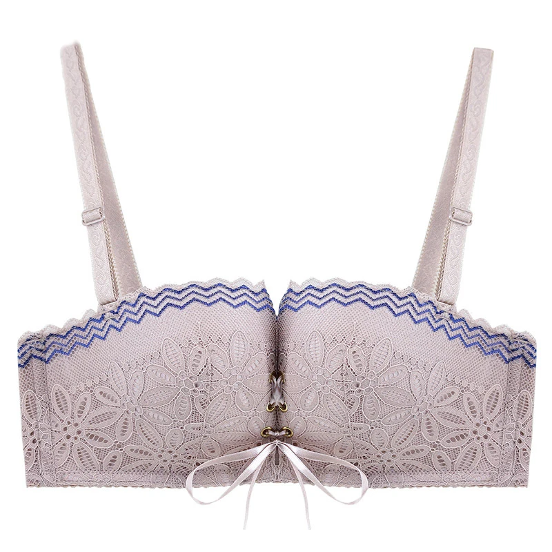 

Elovegirl Back Closure Lace Floral Women Underwear Soft Underwire Half Cup Female Underwear Small Chest Gathered Pull Strap Bra