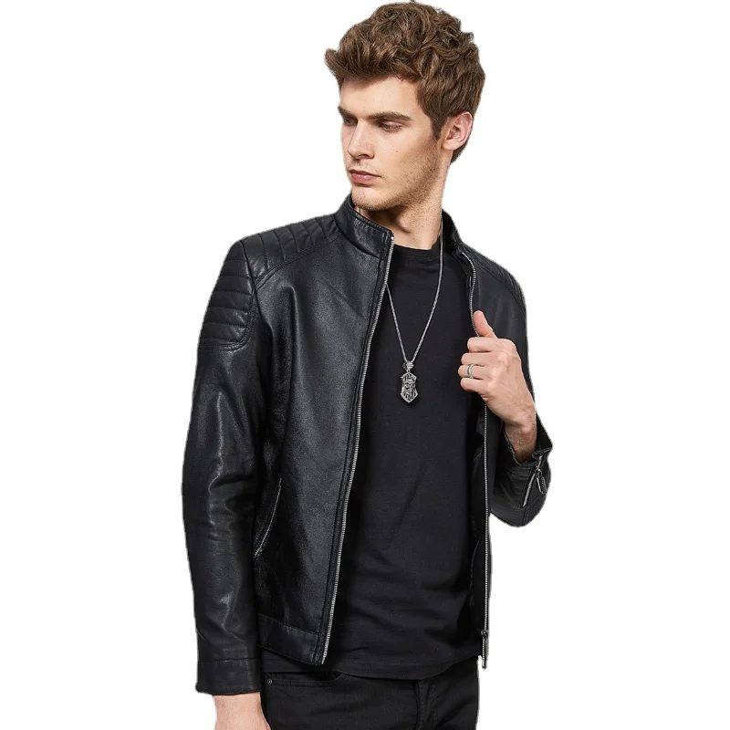 

Новая мужская кожаная куртка на осень и зиму, приталенная мотоциклетная куртка из искусственной кожи с воротником-стойкой, модное мотоцикл...
