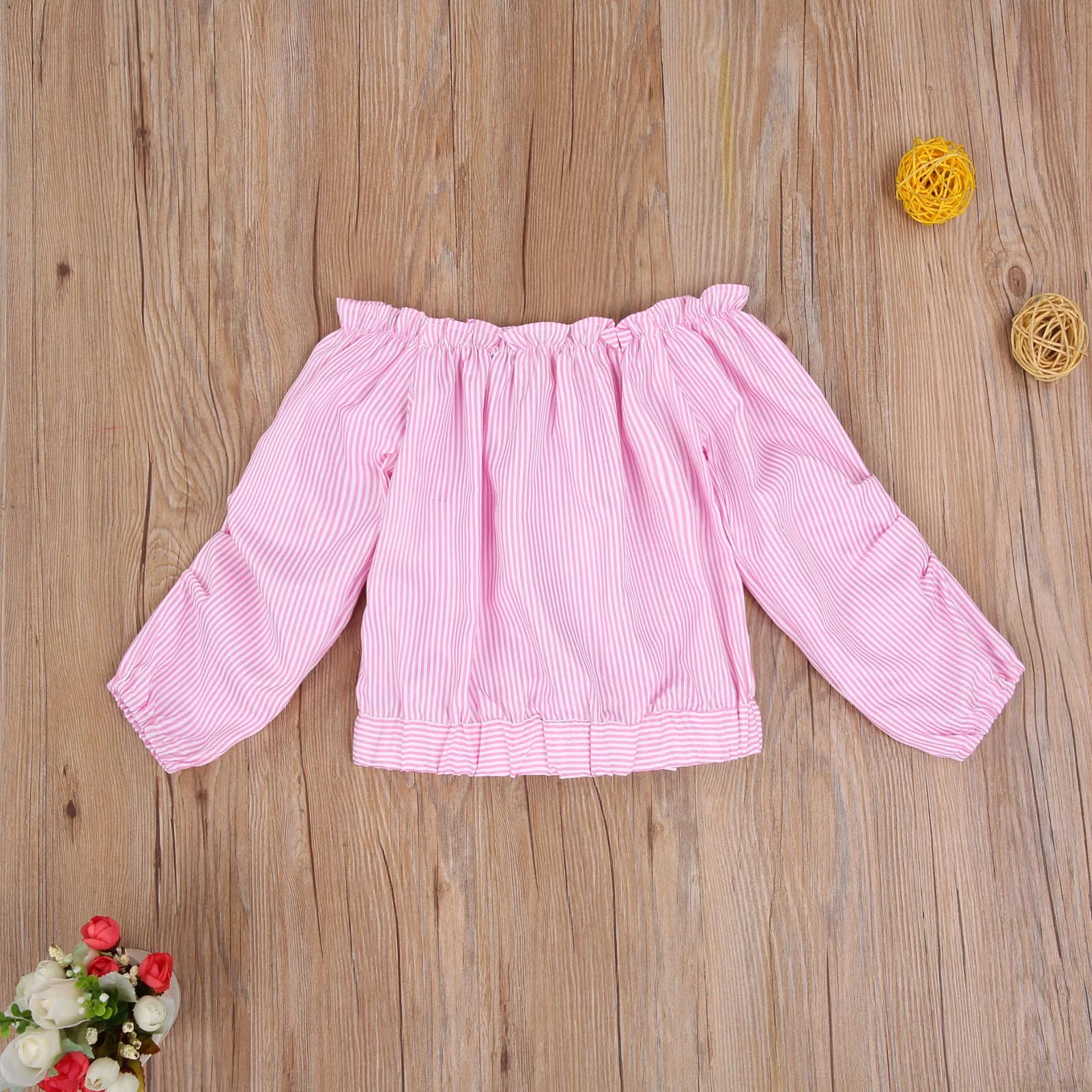 

Kids Little Girls Off Shoulder Tops Long Sleeve Striped Print Tie Bowknot Front Loose Shirts