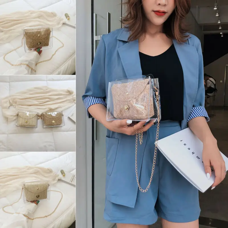 Ретро Винтаж женщины Лето Пляж Tote Сумочка Дамы ротанга соломенная желе сумка