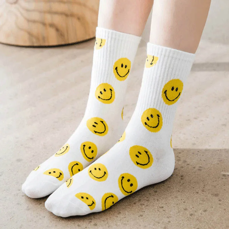 

New Cartoon Women's Breathable Socks Cute Cotton Mid Tube Socks Korean Style Women Socks Breathable Smiley Print Funny