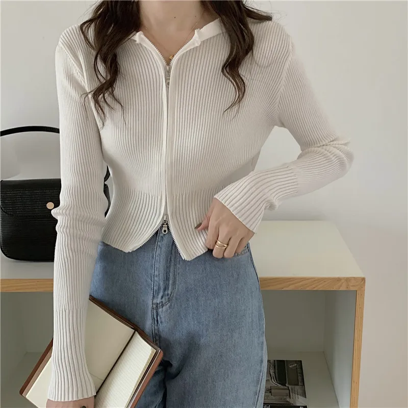 

Alien Kitty 2021 New Autumn Women Cardigan Double Zipper Design Sense Casual Basic Slim Long-Sleeved Tops Striped Sweater