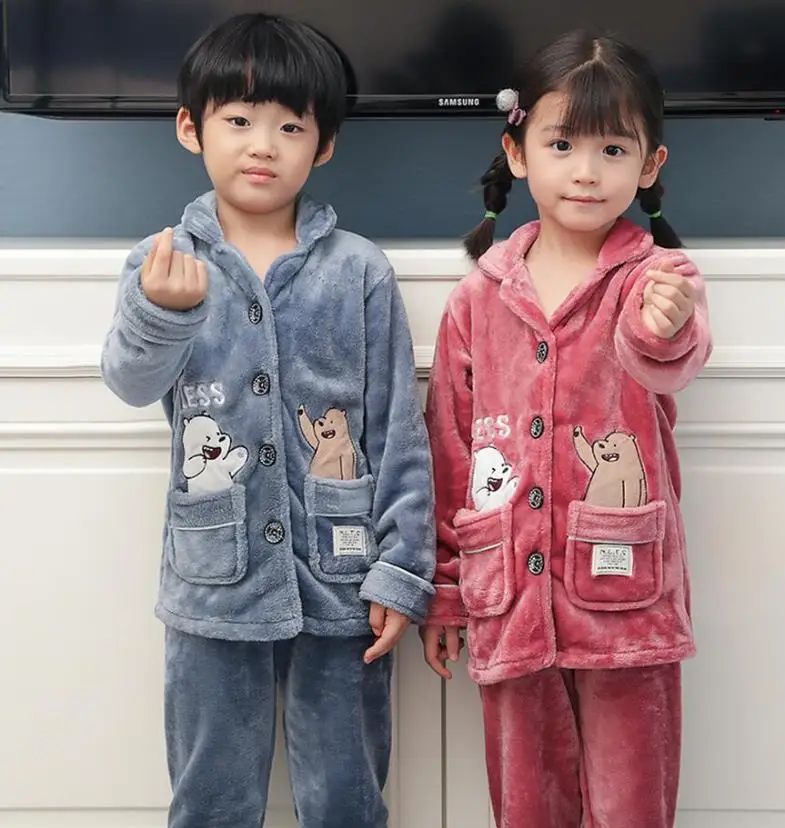 

kids Christmas Coral velvet pyjamas set Pajamas For Girls winter warm Flannel Long Sleeved Sleepwear Suit Boys New Year Homewear