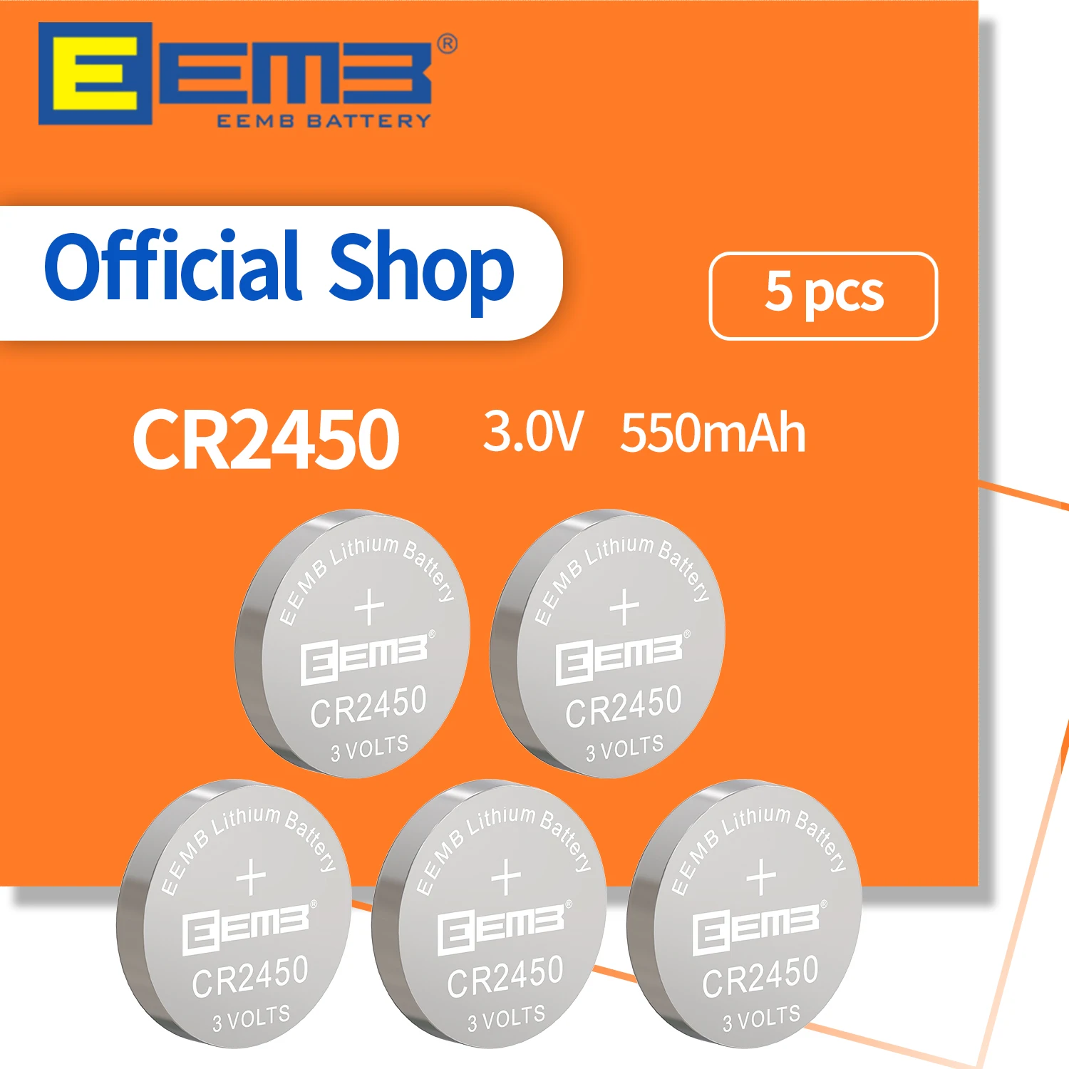 EEMB 5PCS CR2450 Button Battery 2450 3V 550mAh Lithium Battery Coin Cell Batteries for Toy Watch Calculator Remote Car Keys