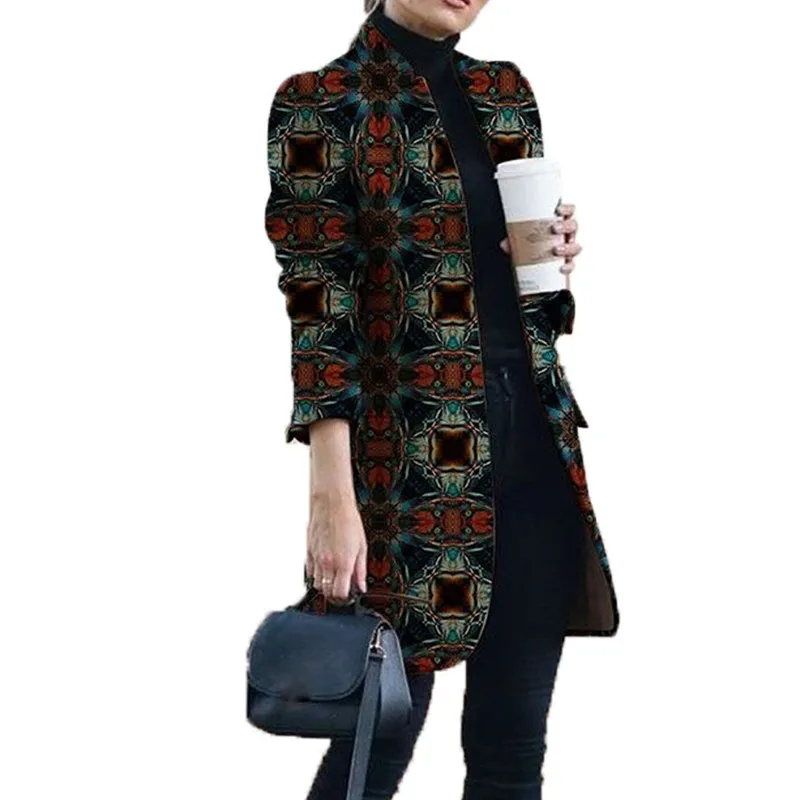 

Autumn winter stand long sleeve women's long jacket fashion bohemia print ladies open stitch tops jackets plus size