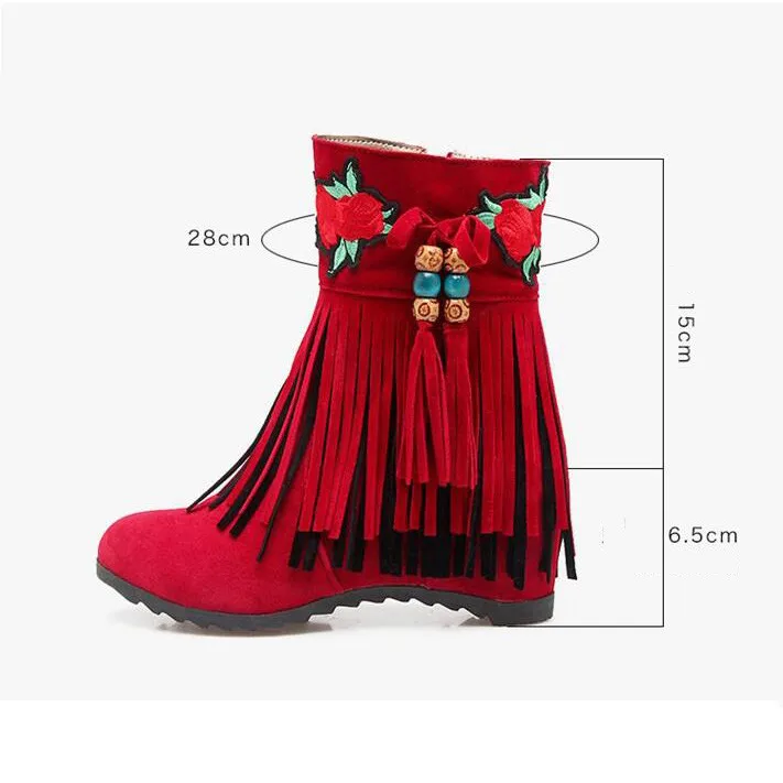 Женские замшевые ботинки с длинной бахромой зимние вышивкой модные женская