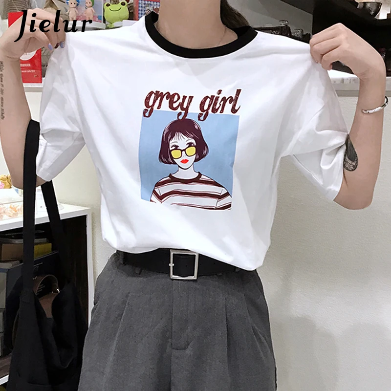 Jielur с коротким рукавом для женщин Футболка Харадзюку сладкий Свободные серый