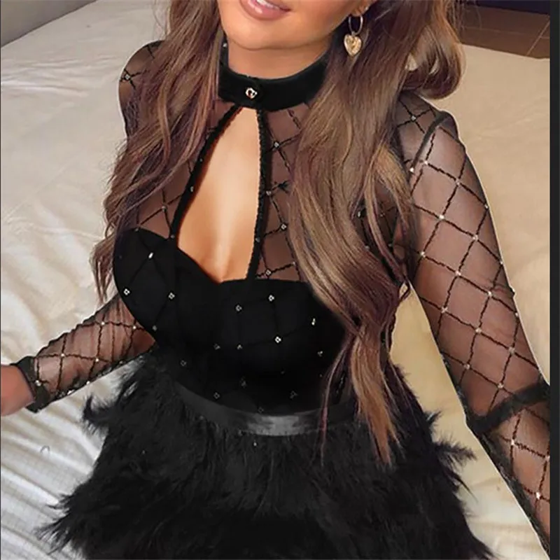 Женское прозрачное облегающее Сетчатое платье с длинным рукавом Коктейльные