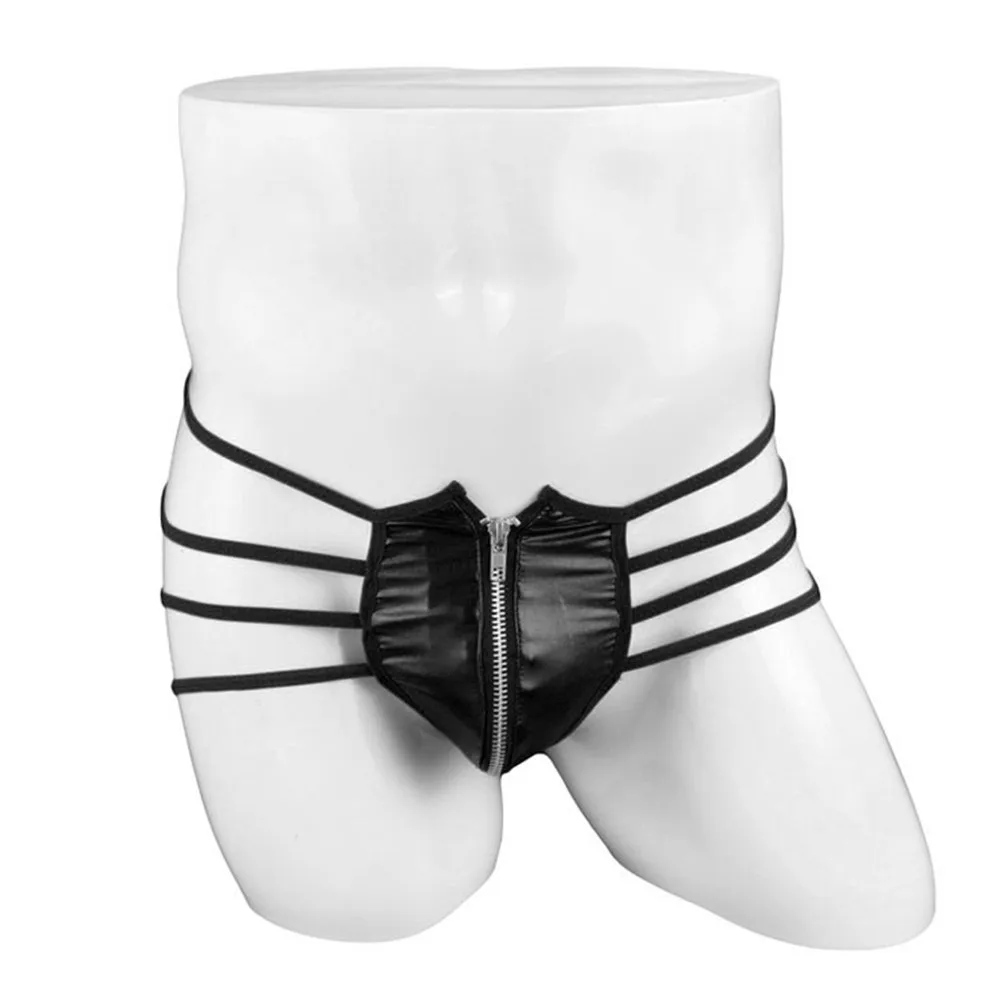 Трусы-стринги мужские из искусственной кожи пикантное нижнее белье на молнии ПВХ
