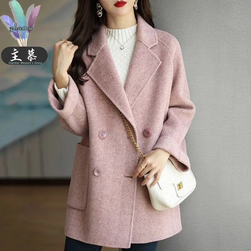 

Autumn Winter Woman Fashion Woolen Coat Female Loose Shirt Coat Casual Outerwear Ladies Double Button Lapel Jacket Blends A28