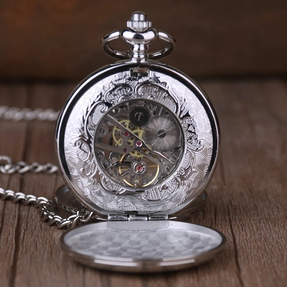 lot Silver Pendant Mechanical Pocket Watch Double Open With Metal Chain Steampunk Watch Roman Number Unisex