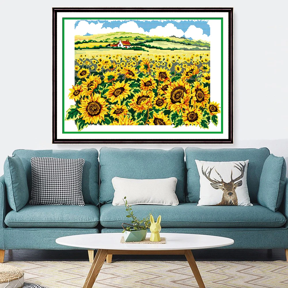 

HUACAN DIY Embroidery Sunflower Cross Stitch Flower Scenery Kits 14ct 11ct White Canvas Set Needlework Gift