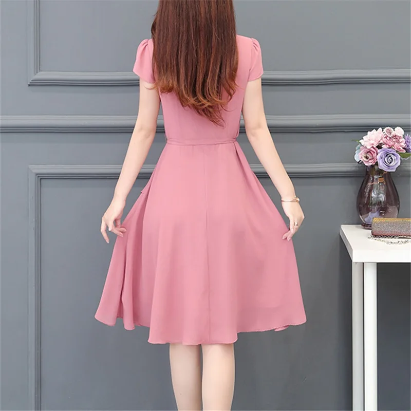 

2021Elegant Casual Ruffle Chiffon Dress For Women Short Sleeve Plus Size Beach Dresses Pink Women's Party Dress Solid Midi Dress