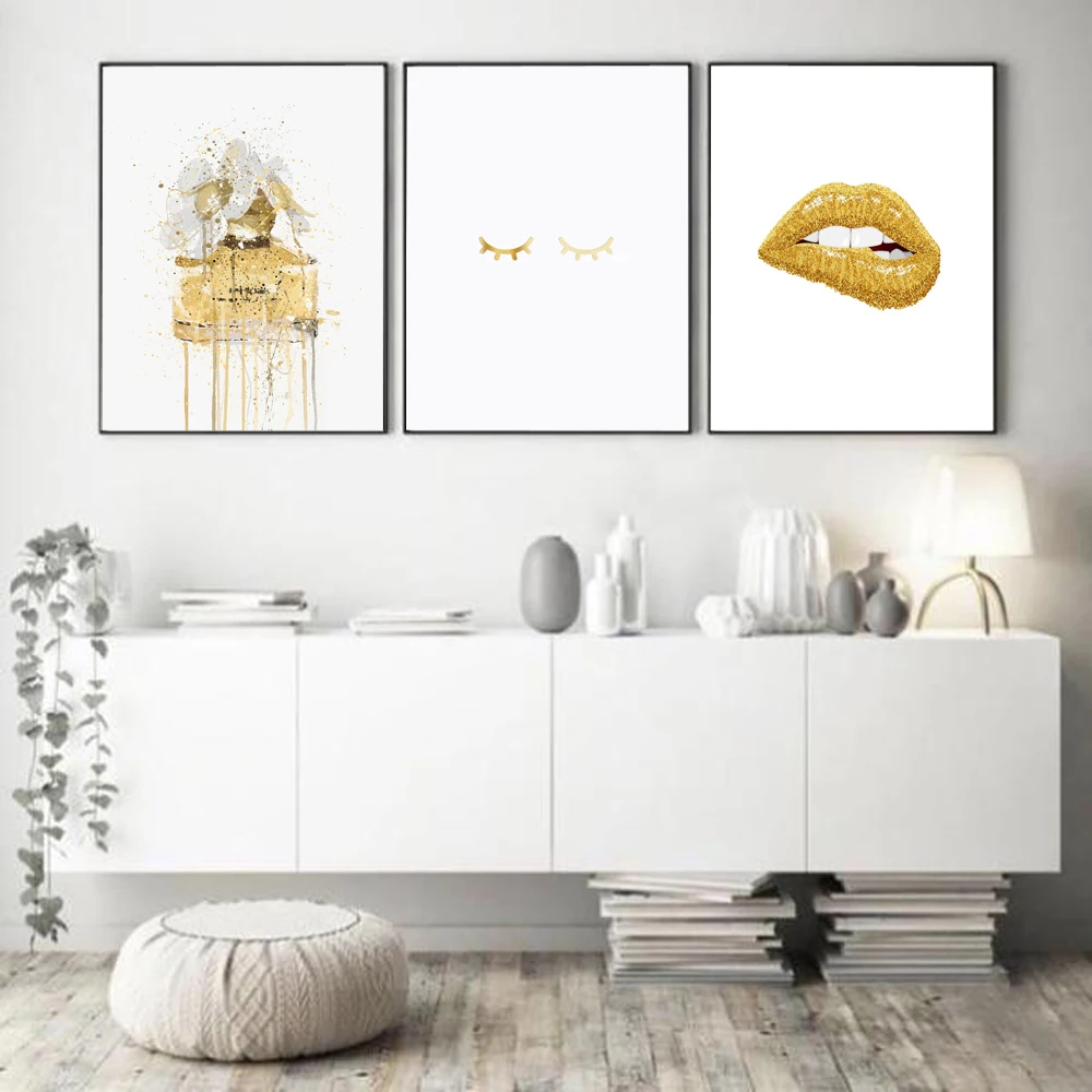 

Modern Abstract Golden Perfume Bottle Lips Lashes Canvas Art Print Poster Vogue Girl Women Wall Pictures for Living Room Decor