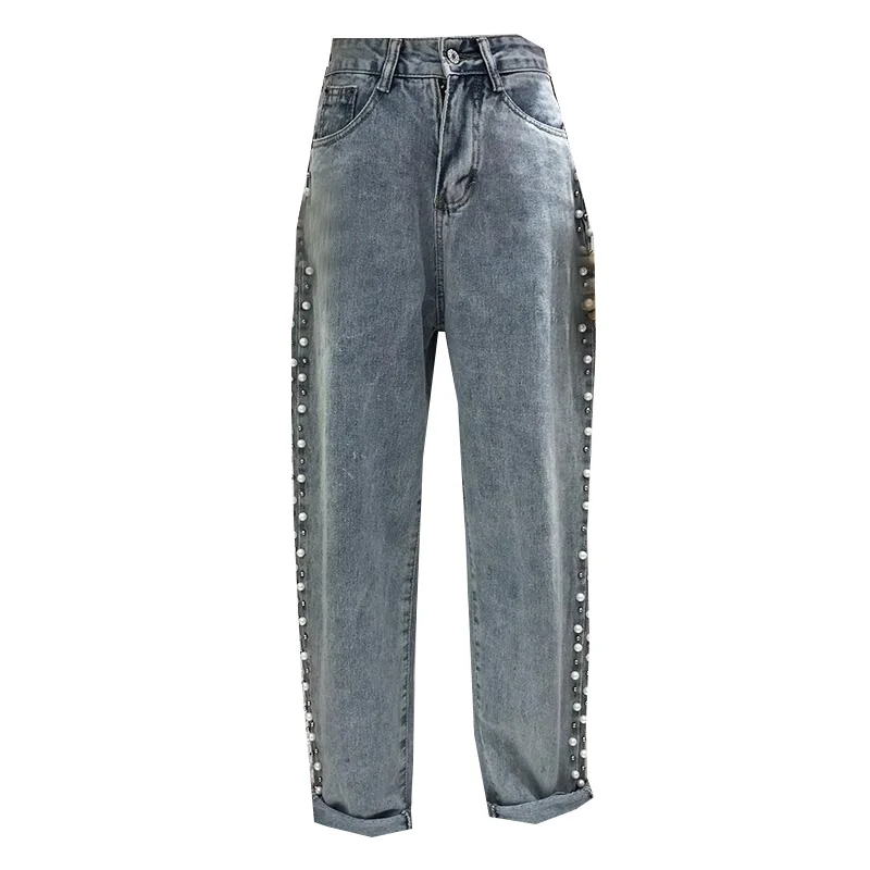 

Retro Hong Kong style beaded denim pants new fall baggy wide leg pants student straight leg pants