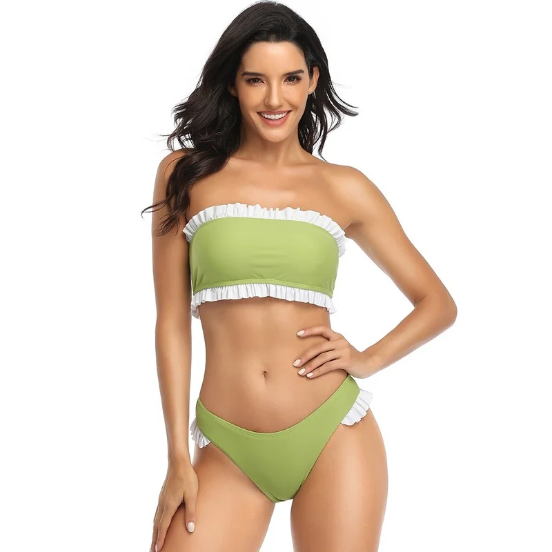 

2 шт./компл. бикини с оборками 2021, женские милые костюмы без бретелек, женские купальники-бандо, Бразильская пляжная одежда с пуш-ап, купальны...
