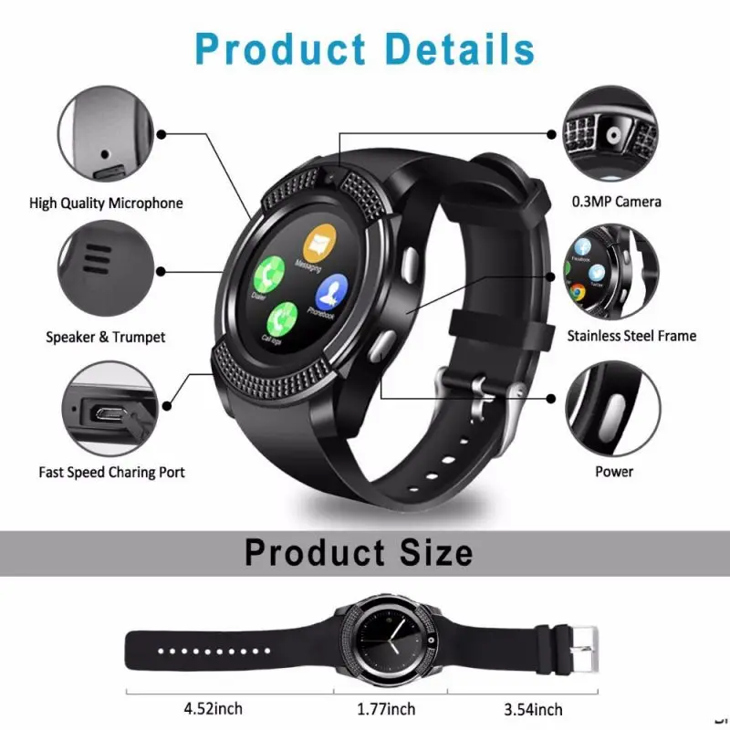 

Superior V8 Bluetooth Sport Watches For Adults Children Rel gio Wrist Smartwatch with Camera Sim Card Slot For Android Phones