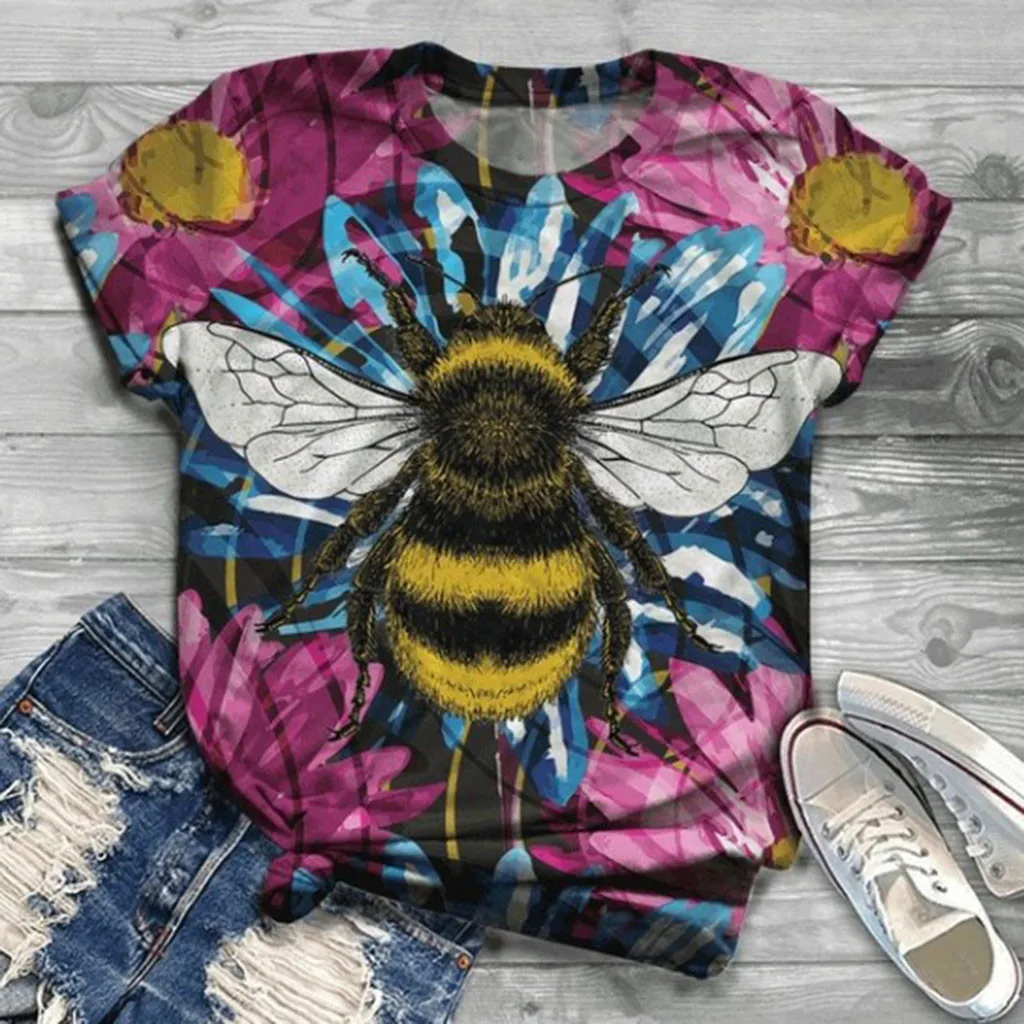 Женская летняя футболка с коротким рукавом повседневные блузы принтом пчелы
