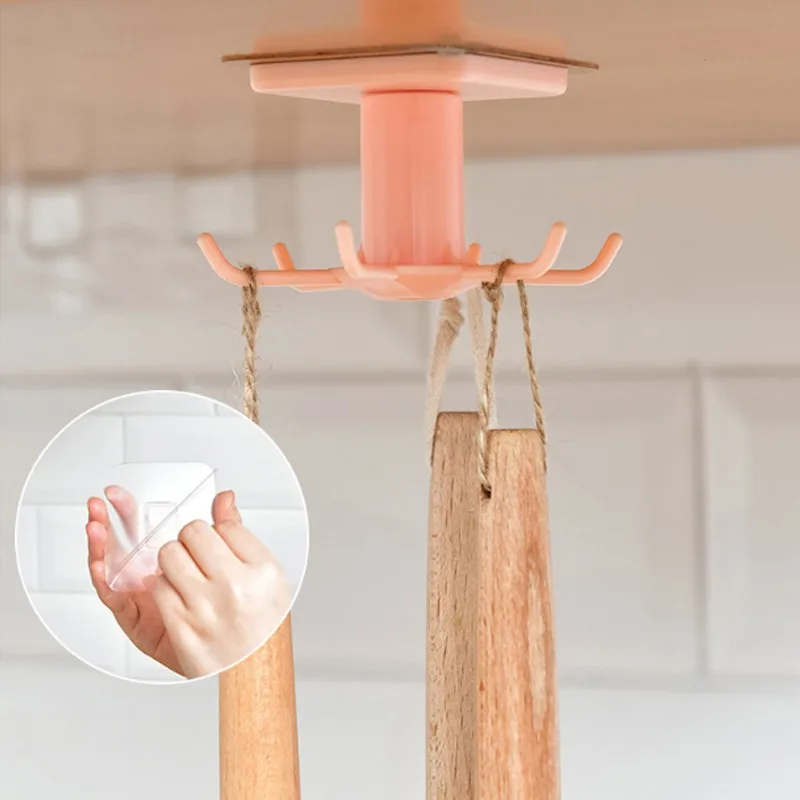 

360 Degrees Rotated Kitchen Hooks Self Adhesive 6 Hooks Home Wall Door Hook Handbag Clothes Storage Hanging Rack 3 Styles