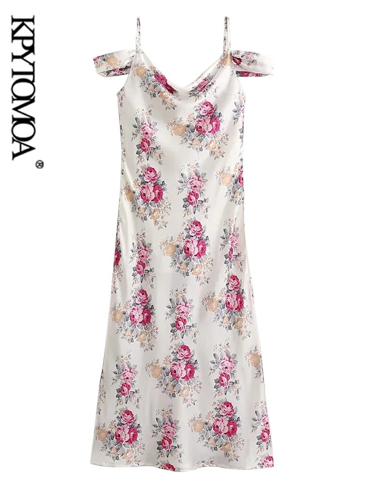 

KPYTOMOA Women Fashion Floral Print Soft Touch Midi Dress Vintage Backless Thin Straps Female Dresses Vestidos Mujer