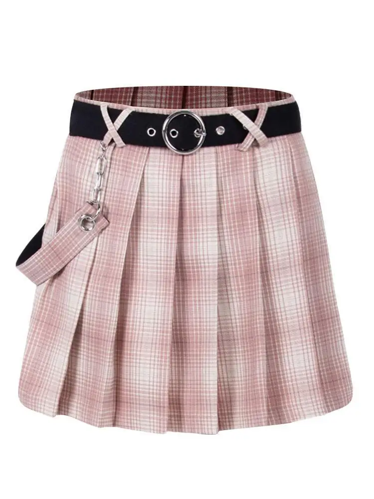 Женские плиссированные юбки в клетку с поясом и цепочкой стиле панк PQ 710DQ|Женские
