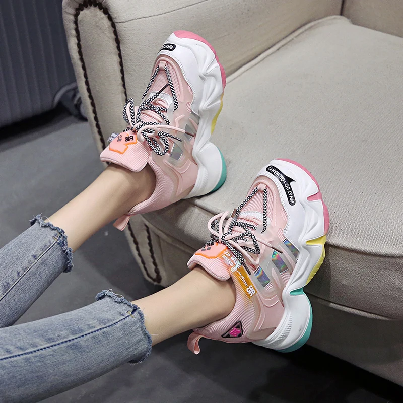 

Spring Autumn Breathable Chunky Platform Sneakers Women 2021 Fashion Colorful Heels Vulcanized Shoes Woman Hidden Wedge Sneakers