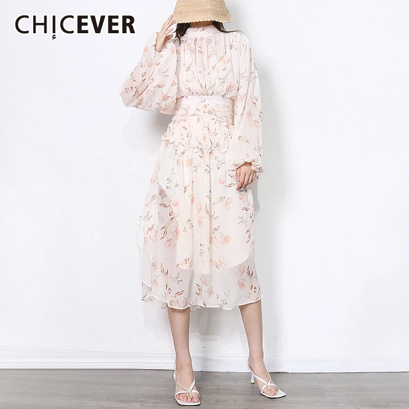 

CHICEVER, винтажное платье миди с принтом для женщин, воротник-стойка, длинный рукав, высокая талия, ТРАПЕЦИЕВИДНОЕ ПЛАТЬЕ, Женская корейская мо...