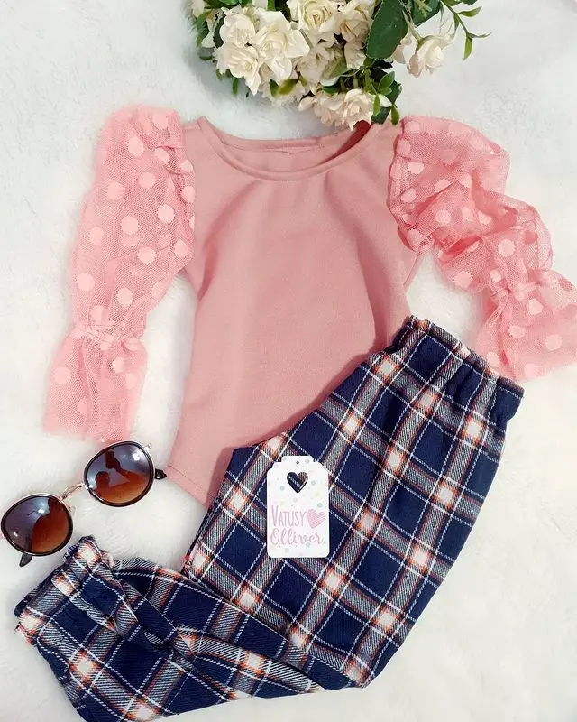 

2pcs Baby Girls Clothes Set 0-24M Bebes Pink Round Collar Long Yarn Sleeves Romper and Plaid Printed Pattern Trousers Outfits