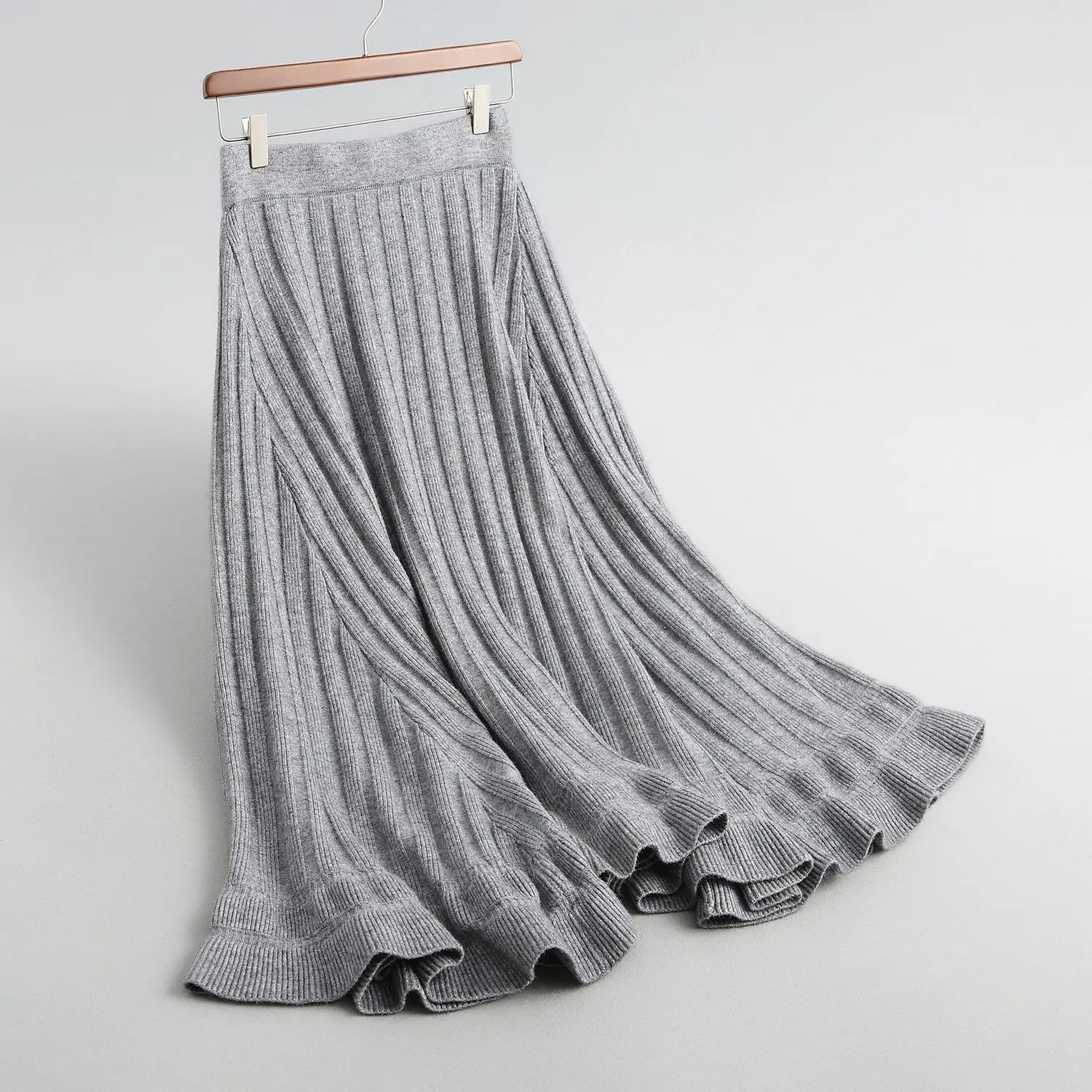 

2020 Winter Skirts High Waist A-Line Knitting Flower Hem Beige Faldas Jupe Femme Saia Fashion Women Skirt