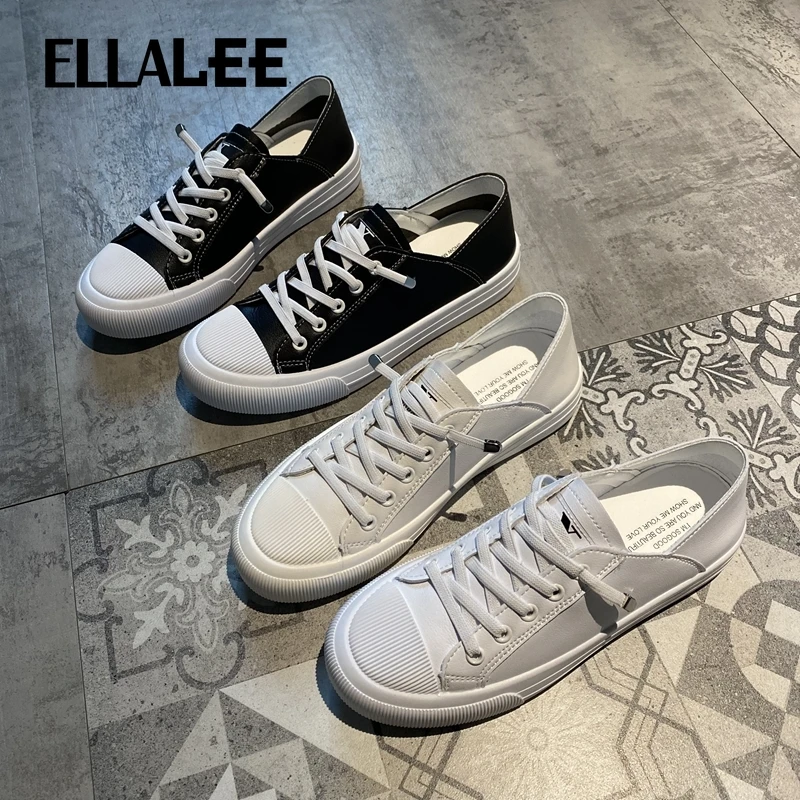

ELLALEE Women's Canvas Shoes Beige Black Leather Rubber Non-slip Comfortable Lovely Lightweight Pure Color Lady Shoe