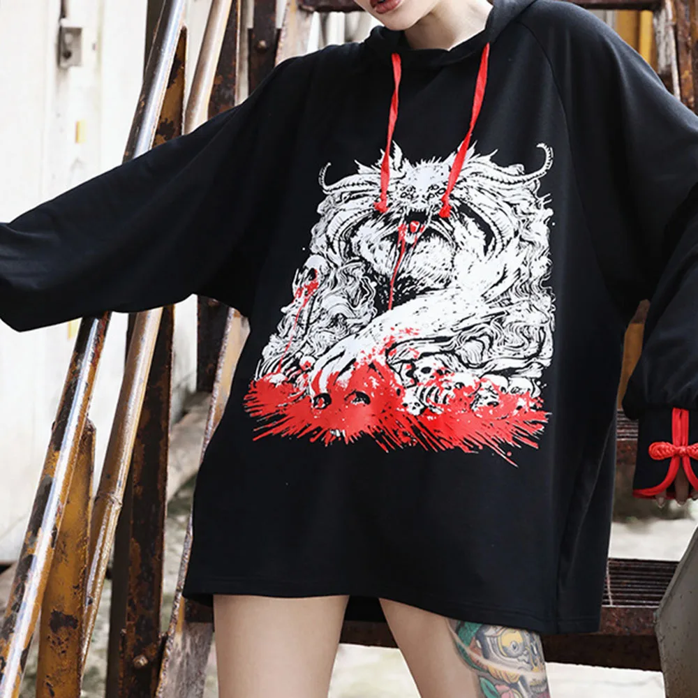 Rosetic Женская толстовка в китайском стиле с принтом готического дракона, пуловер, толстовка, повседневная облегающая женская верхняя одежда в стиле ретро, готическая одежда