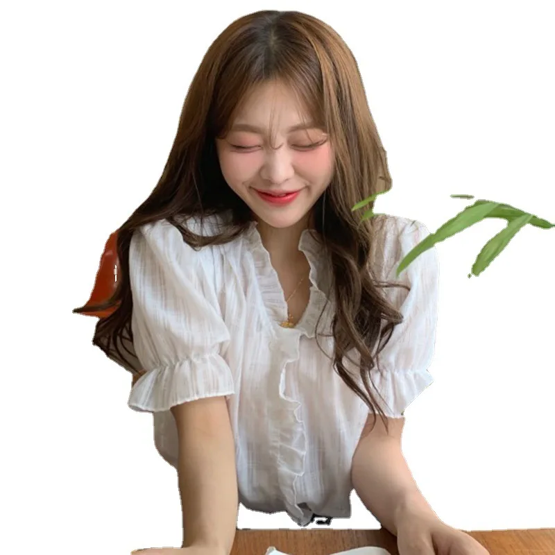 

T-Shirt Solid White Puff Sleeve Casual Shirts Summer V-neck Cotton Fungus Chiffon Thin Loose Sweet Single Breasted Cardigan