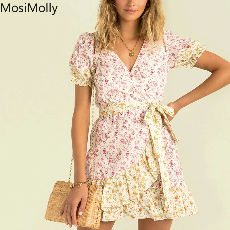 

MosiMolly French Floral Dress Wrap Style Ruffle Dress Women Boho Beach Dress 2021 Summer Patchwork Dress