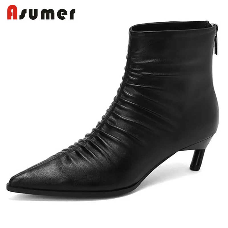 

ASUMER 2022 New Arrive Pleated Ankle Boots Women Shoes Pointed Toe Zip Thin Heels Party Shoes Autumn Female Boots Black