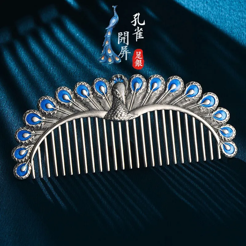 

Silver comb pure silver 999 silver hair comb cold enamel craft peacock female models ethnic style snowflake silver comb