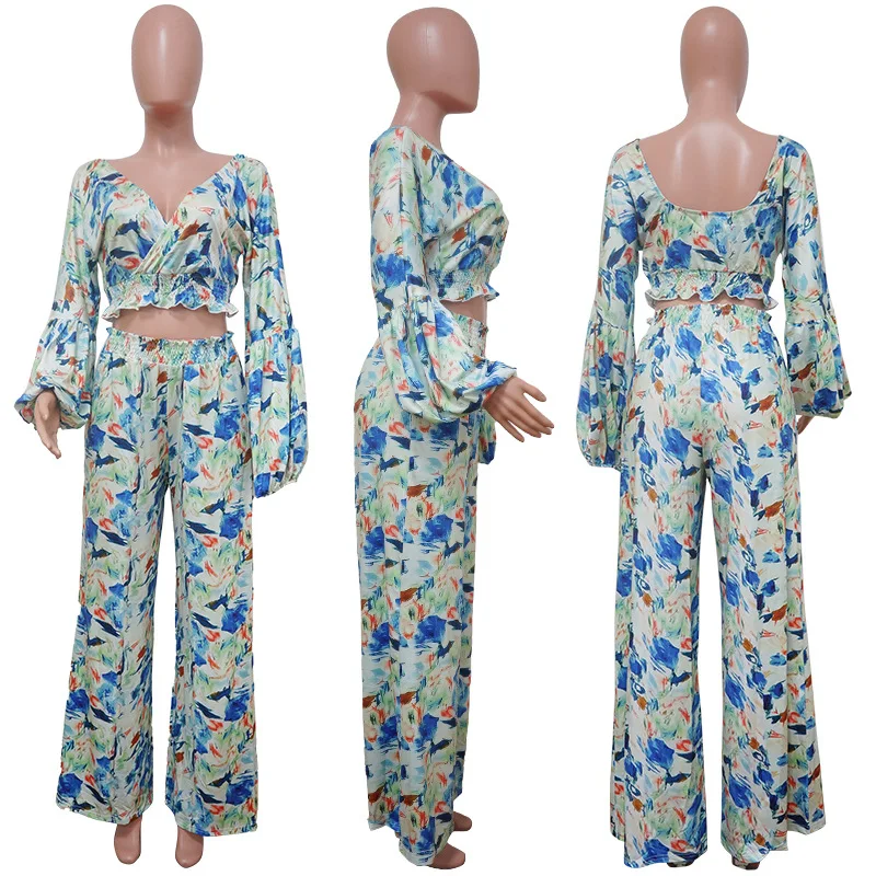 

Donsignet Fashion Women's Suit New Summer Casual Hot Sale V-neck Pullover Sexy Fashion Printed Navel Wide Leg Two-piece Suit