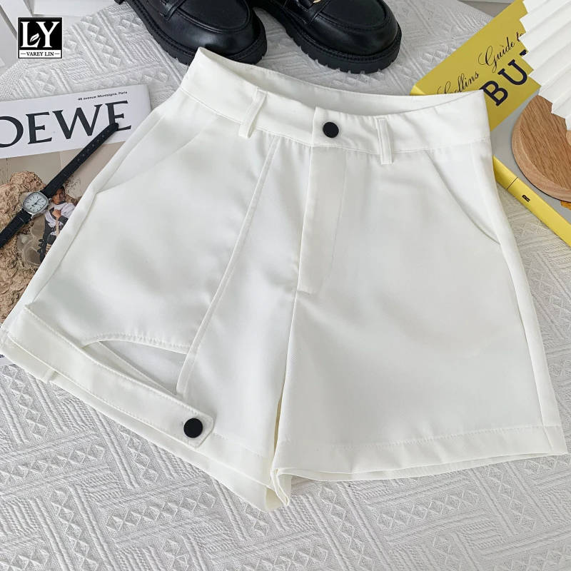 

LY VAREY LIN New Summer Office Lady Loose Solid Color Green Black White Shorts Women Casual High Waist Hollow Out Shorts